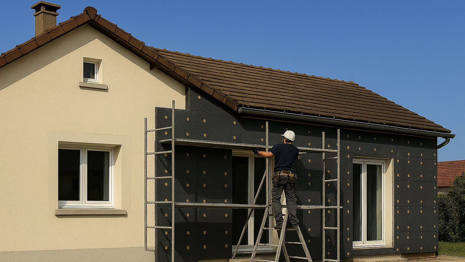 isolation-ite Panneaux solaires aérovoltaïques sur un toit, avec un message indiquant +80 % d’efficacité énergétique grâce à cette technologie.