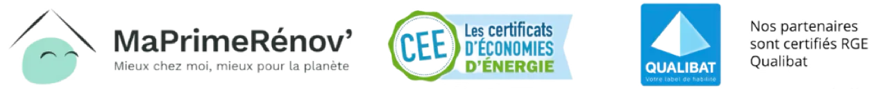 Logos de MaPrimeRenovSolaire.fr, des Certificats d’Économies d’Énergie (CEE) et de la certification RGE Qualibat, garantissant des partenaires qualifiés pour l’installation solaire.